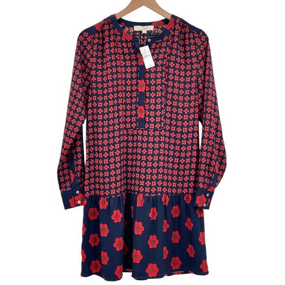 NEW Ann Taylor LOFT Drop Waist Long Sleeve Dress Red Navy Tan Floral | Small - Picture 2 of 11